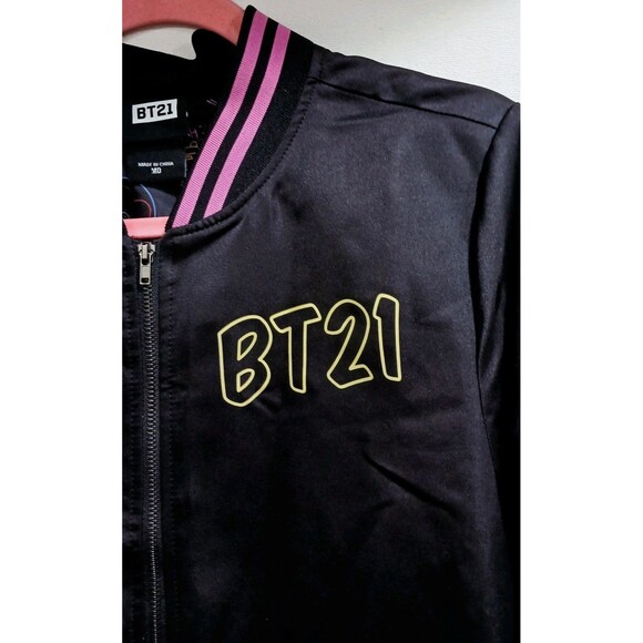 BT21 Black Pink Neon Women’s Bomber Jacket Double Sided Pockets Medium EUC - Picture 3 of 9